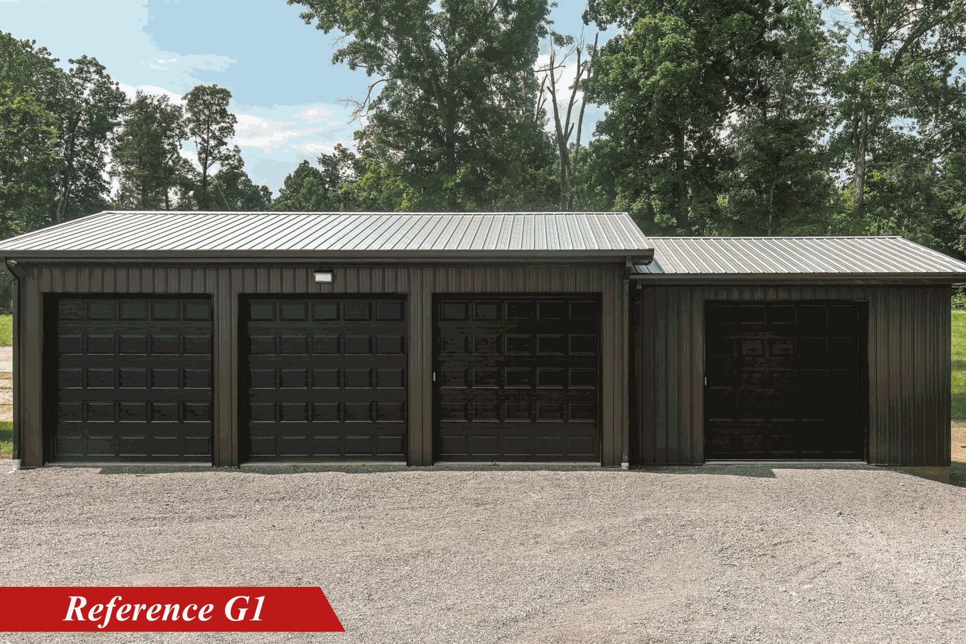 Four-car garage with brown siding and black metal roof for versatile storage or vehicle use