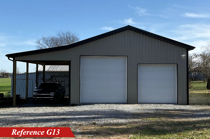 Two-car garage with attached side carport, gray siding, white doors, and dark roof