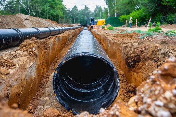 Large underground pipe being installed for utility connections at building site