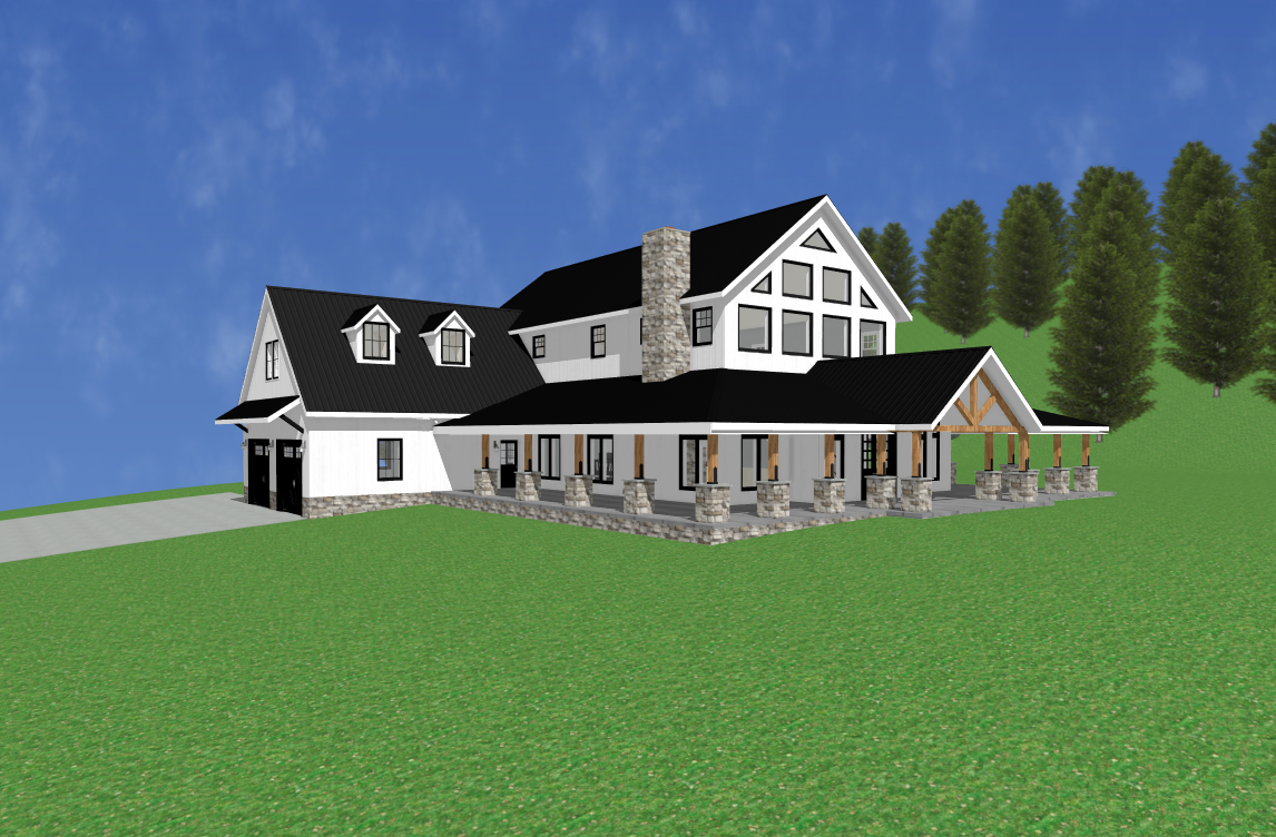 CAD drawing of a custom white home with black roof, dual garages, large windows, and wood and stone exterior accents
